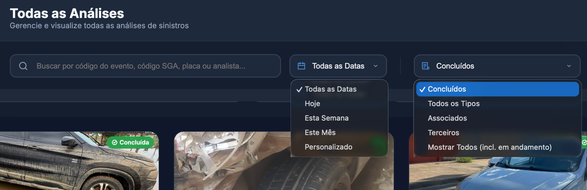 Painel de filtros expandido
