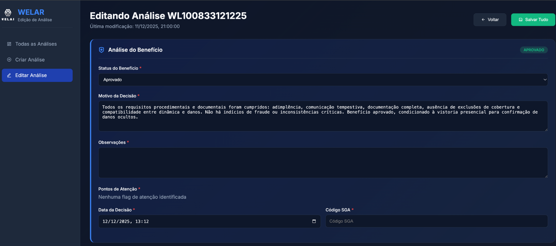 Página de edição com campos editáveis
